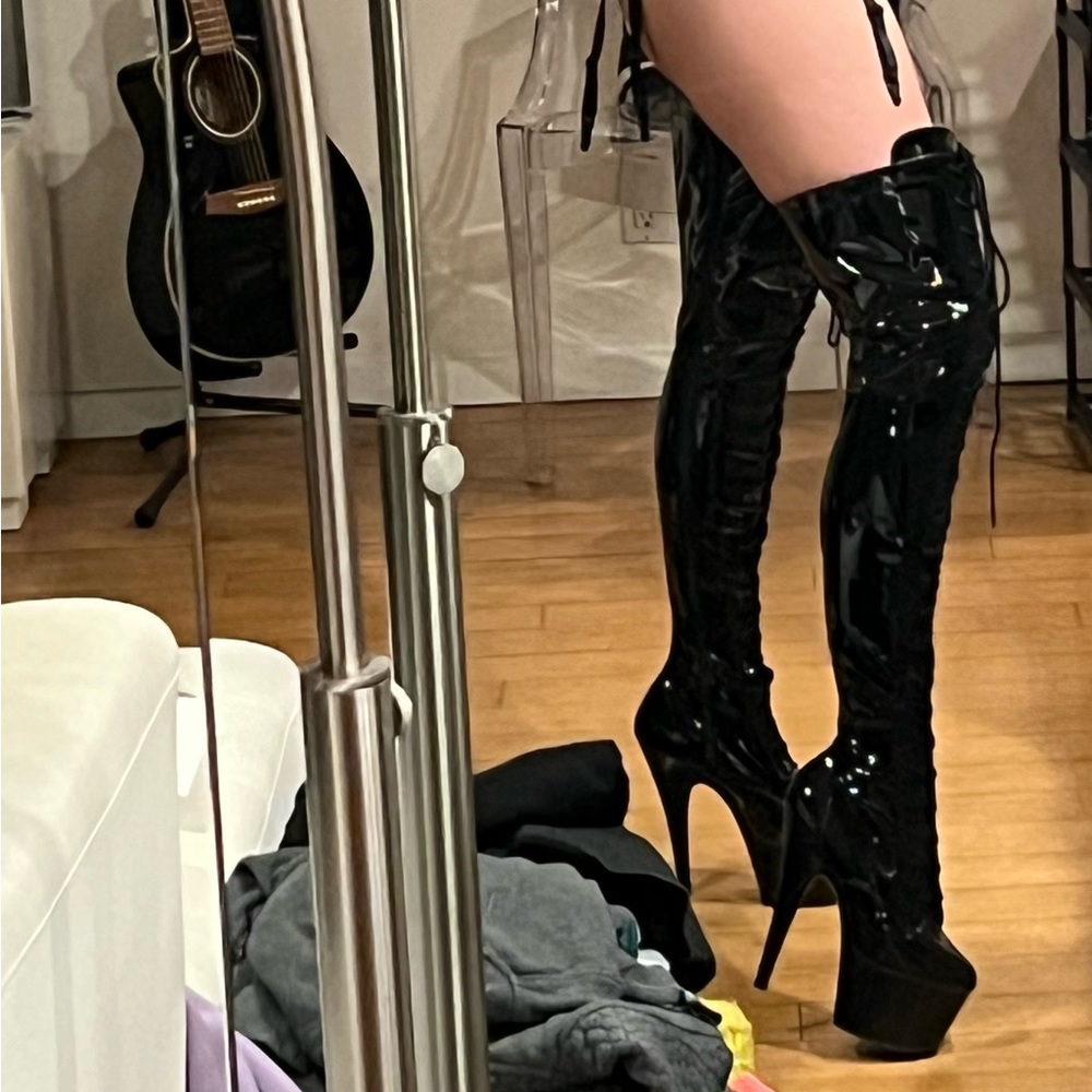 Black Pleaser Thigh-high patent leather lace-up platform boots size 9 (8.5)